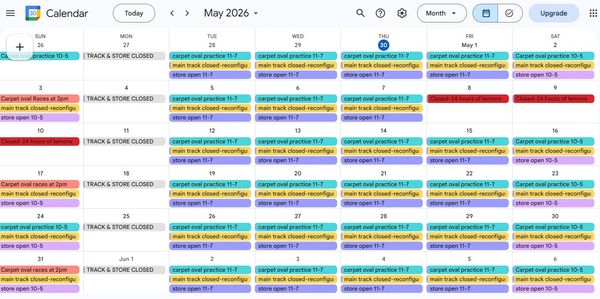 May 2026 calendar showing practice schedules and store closures.