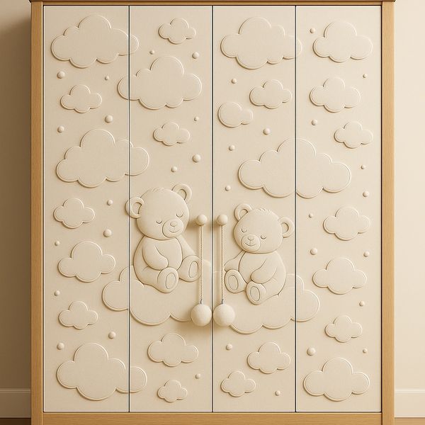 A wooden wardrobe with teddy bear and cloud designs on its doors.