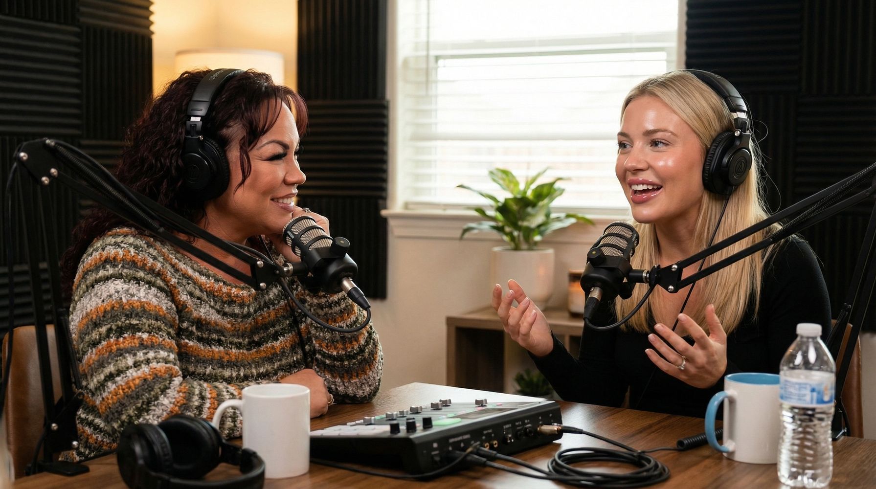 Two women recording a podcast in a cozy studio with microphones and headphones.