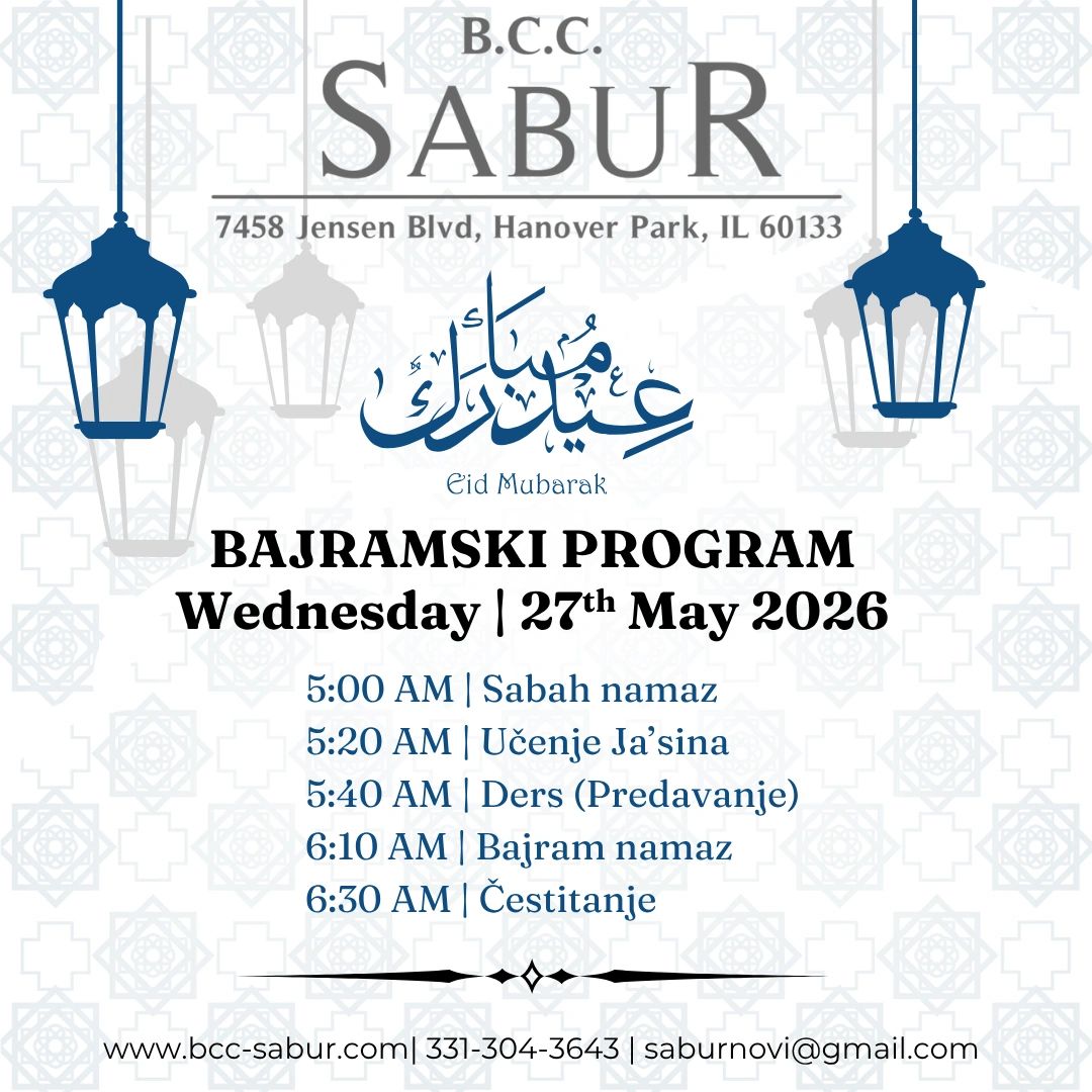 B.C.C. Sabur announces Bajramski Program for May 27, 2026, with prayer and lecture schedule.