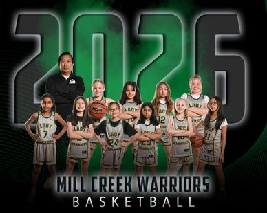 Mill Creek Warriors girls basketball team 2025 with coach in background.