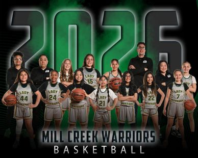 Mill Creek Warriors girls basketball team posing with basketballs and coach in 2023-2024.