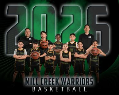 Youth basketball team Mill Creek Warriors poses with coaches in front of 2023 graphic.