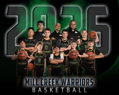 Mill Creek Warriors basketball team photo with 2023 background.