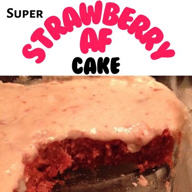 Close-up of a homemade strawberry cake with creamy frosting.