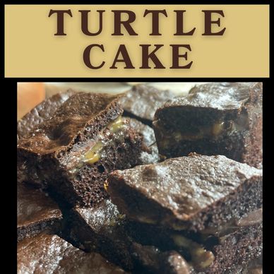 Close-up of rich turtle cake squares with gooey caramel and nuts inside.