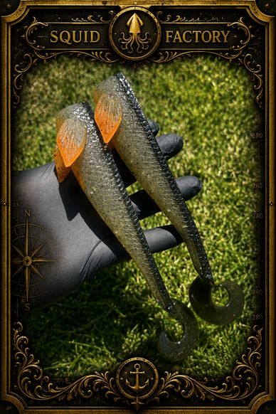 Two soft plastic fishing lures held against grass background.