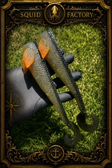 Two soft plastic fishing lures held in a gloved hand against grass.