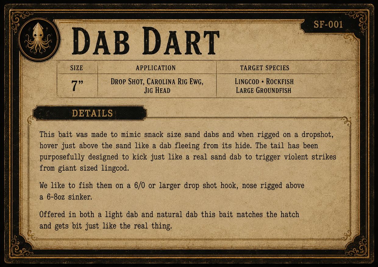 Vintage-style informational card for Dab Dart fishing bait targeting rockfish and lingcod.