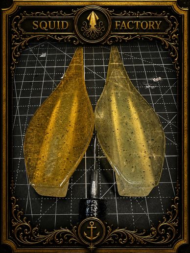Two squid-shaped fishing lures on a grid background with ornate gold frame.