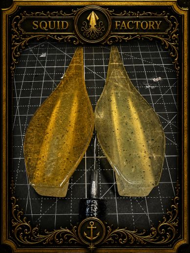 Two golden squid-shaped fishing lures displayed on a grid background with ornate frame.