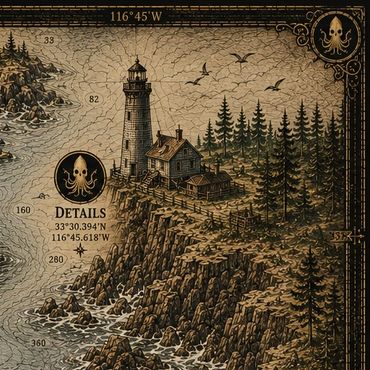Vintage-style map showing a lighthouse on a rocky coast with pine trees and sea birds.