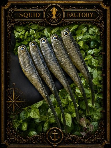 Five fish arranged on green leaves with a decorative 'Squid Factory' frame.