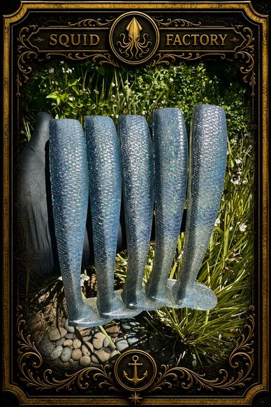Five shiny fishing lures held outdoors with a decorative Squid Factory frame.