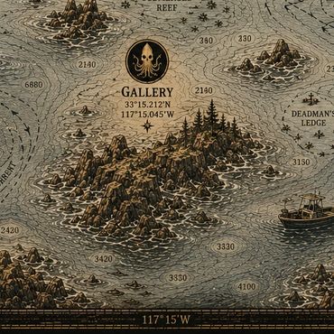 Vintage-style map showing a detailed rocky island and sea depths with a ship sailing nearby.