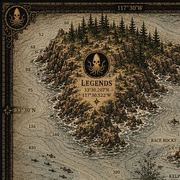 Vintage-style map of an island named Legends with ocean depths and coordinates.