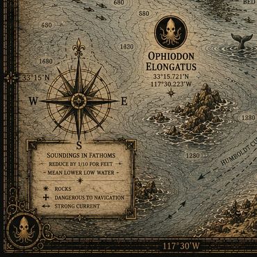 Vintage nautical map with compass rose, ocean depths, and sea creatures illustration.