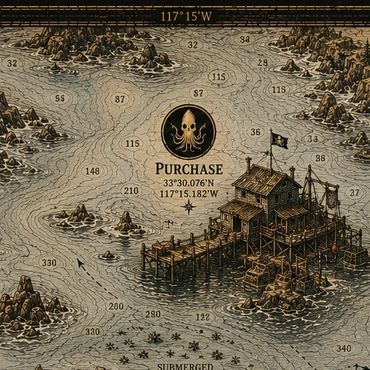 Vintage-style pirate map featuring an octopus emblem and a wooden pier with a pirate flag.