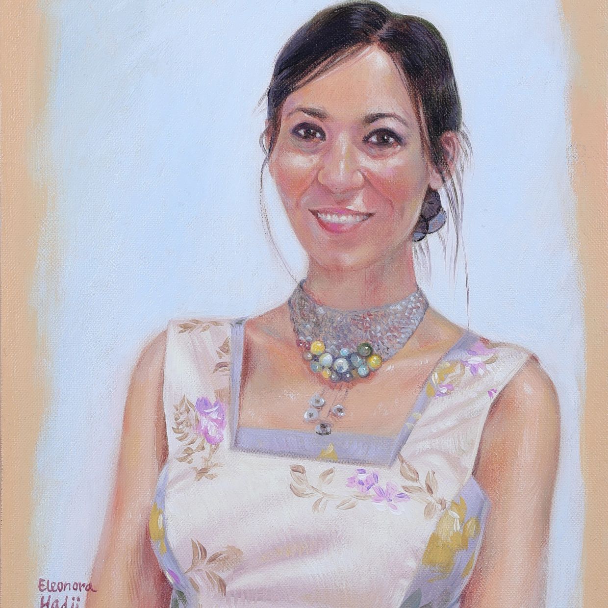 Portrait painting of a woman with a floral dress and statement necklace.