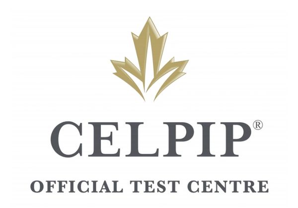 Logo of CELPIP Official Test Centre with a stylized maple leaf.