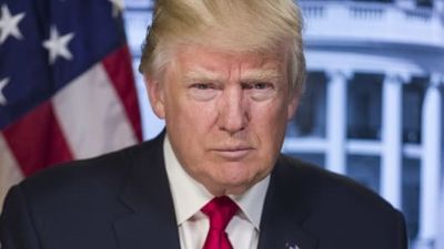 Portrait of Donald Trump with American flag and White House background.