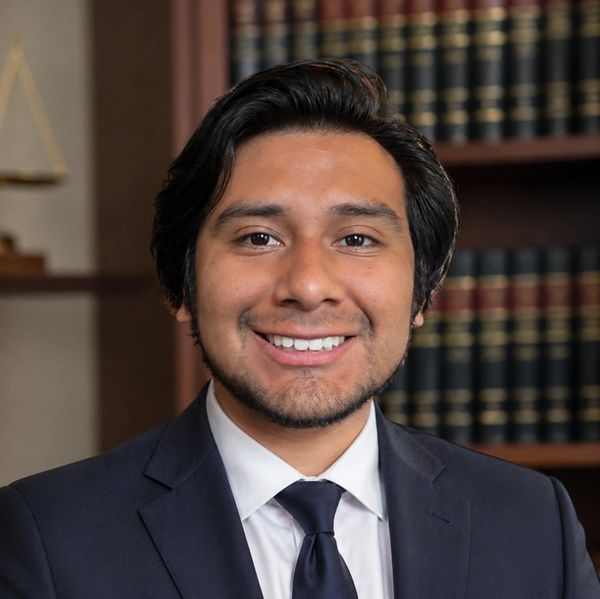 Young man in suit smiling in a professional office setting.