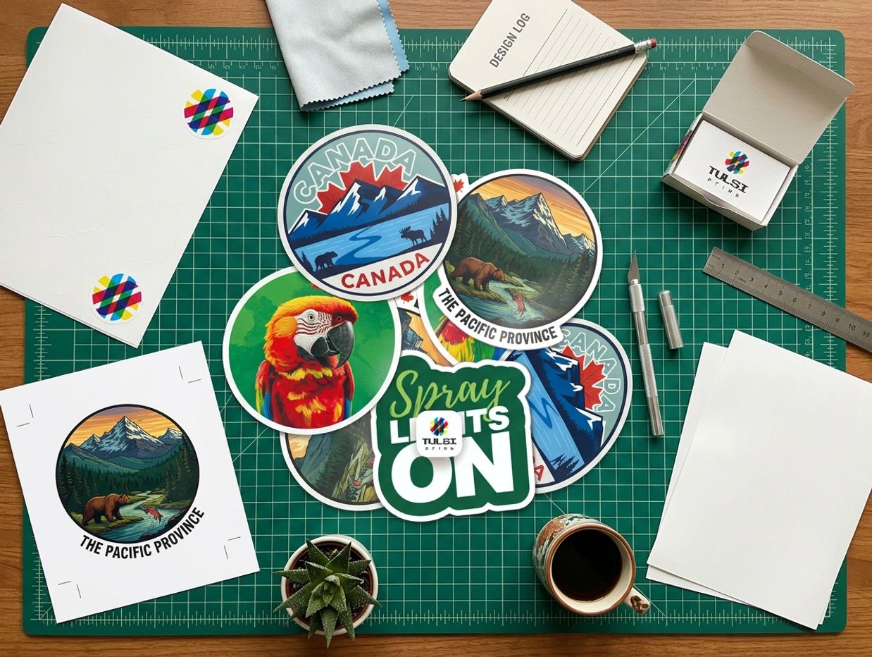 A creative workspace with Canada-themed stickers and design tools.
