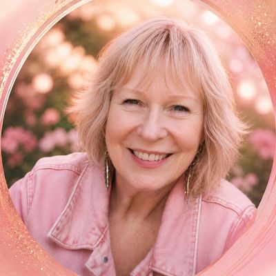 Smiling woman in a pink jacket with a floral background.