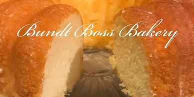 Close-up of a sliced Bundt cake with "Bundt Boss Bakery" text overlay.