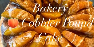 Close-up of a peach cobbler pound cake with cinnamon topping.