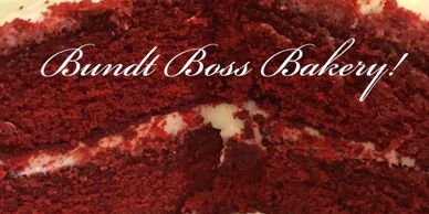 Close-up of a red velvet cake with cream cheese frosting and bakery name overlay.