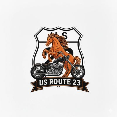 Logo with a horse and motorcycle over a US Route 23 sign.
