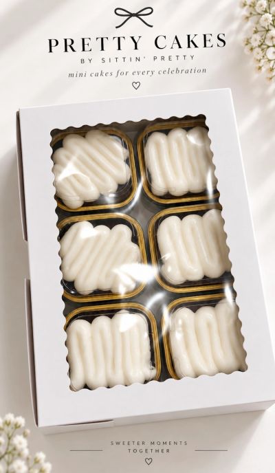Box of six mini cakes with white frosting by Pretty Cakes.