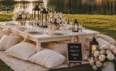 Outdoor low table setup with cushions and flowers.