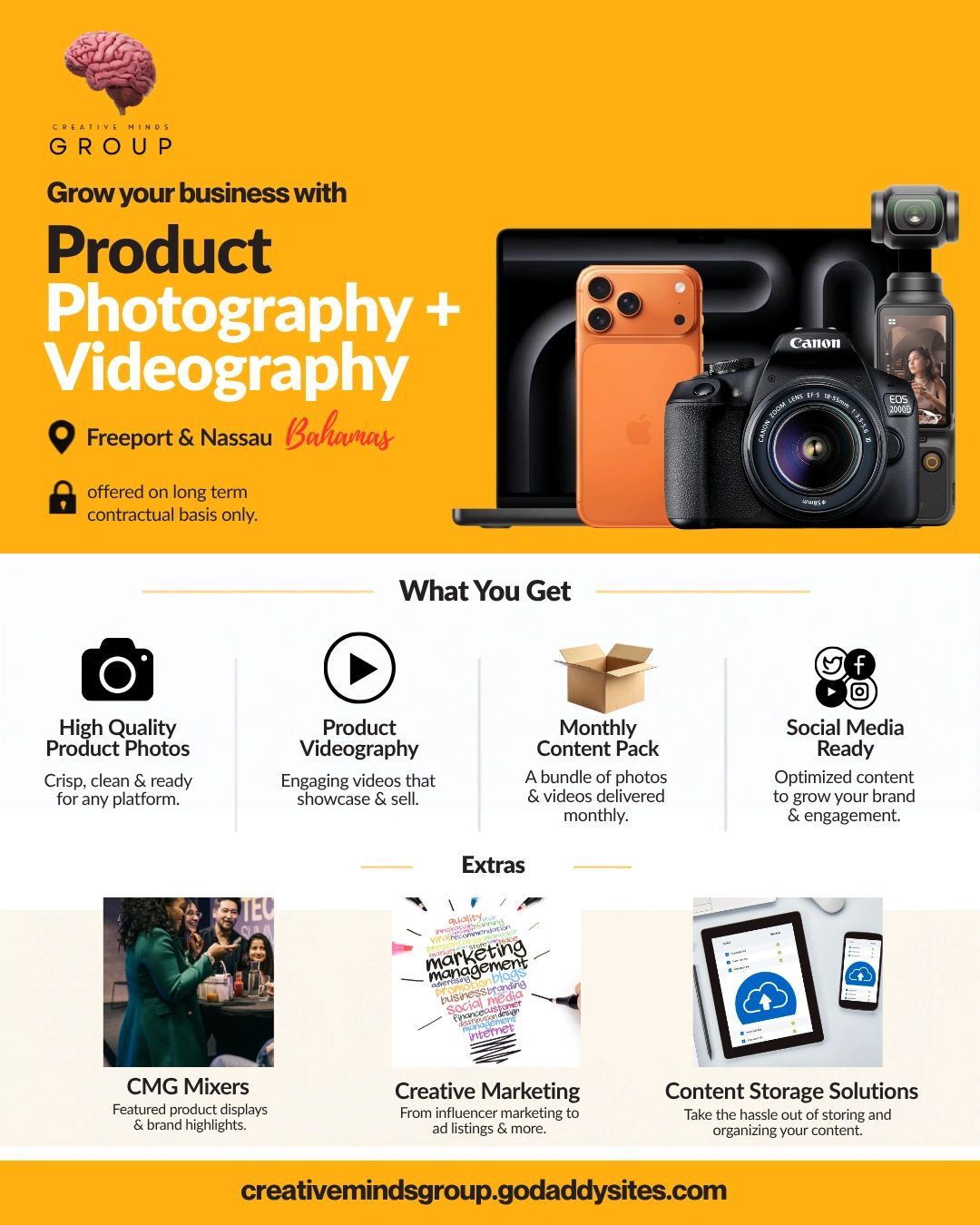Creative Minds Group offers product photography and videography services in the Bahamas.