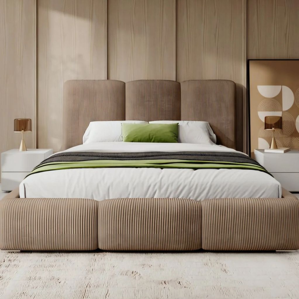Modern beige bed with green accents in a minimalist bedroom.