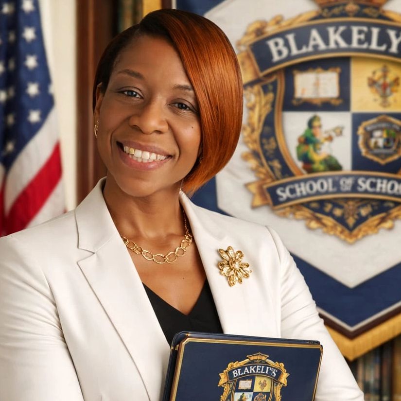 Professional woman smiling in front of flag and school emblem.