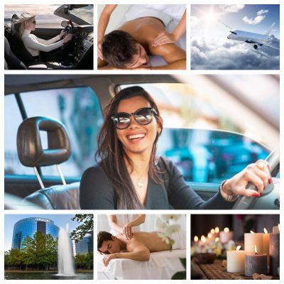 Collage of travel and relaxation images including driving, massage, flying, and candles.