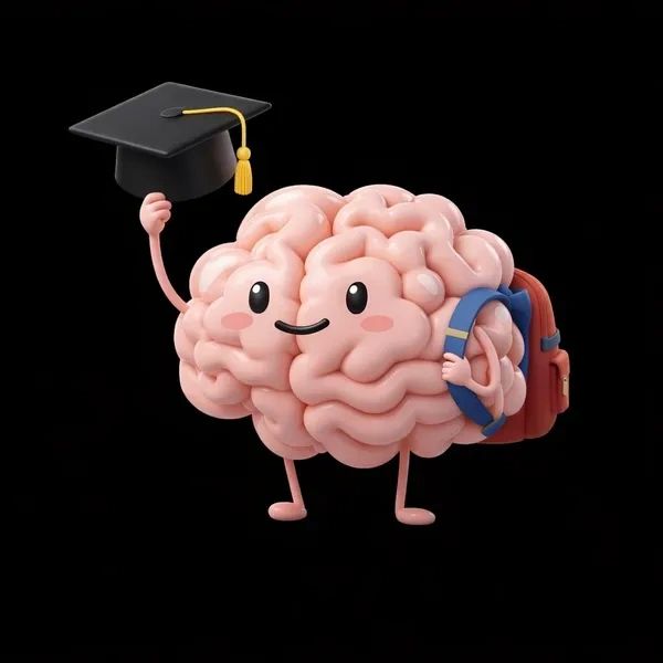 Cute cartoon brain holding a graduation cap and backpack, symbolizing education.