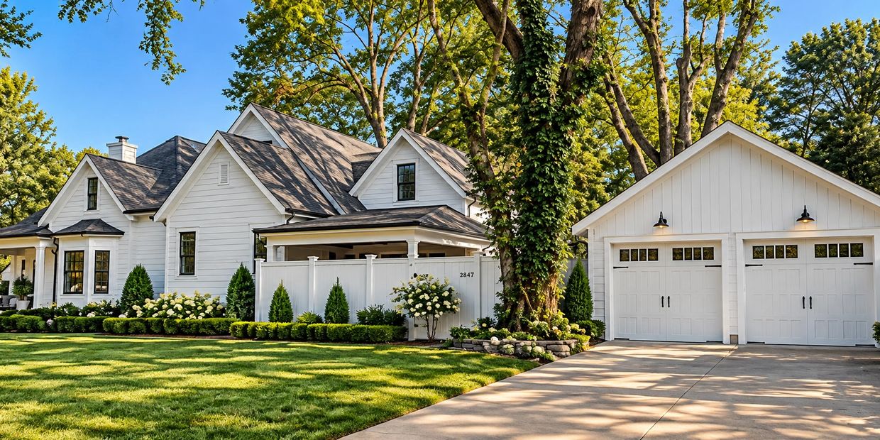 White house with a large garage and green lawn.