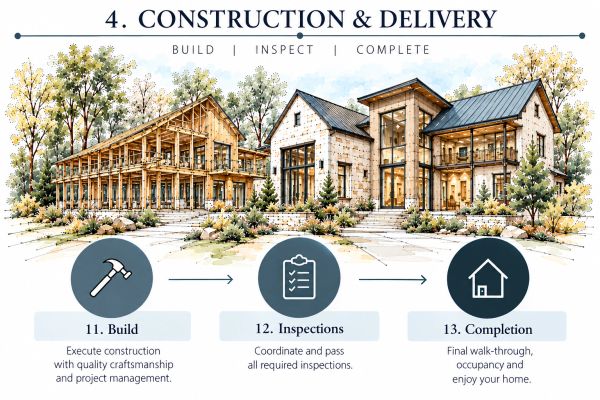 Stages of construction and delivery with a house illustration.