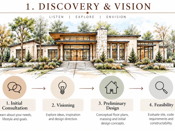 Illustration of a modern house with design consultation steps.