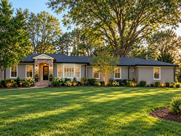 Elegant single-story home with lush lawn and large trees.