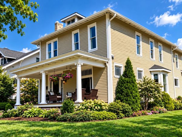 Yellow house with white trim and porch on a sunny day.