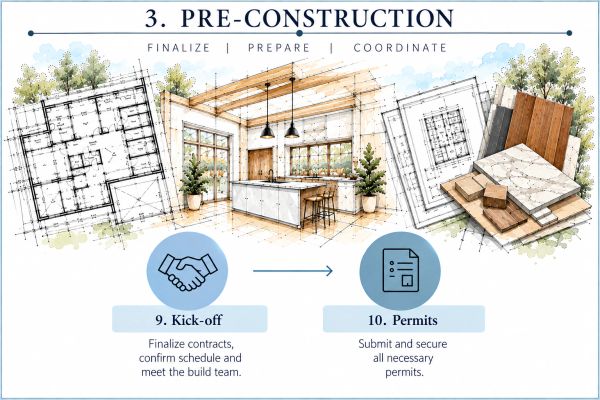 Illustration of pre-construction steps with plans and permits.