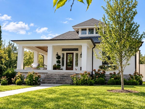 A beautiful white house with a porch and well-maintained lawn.