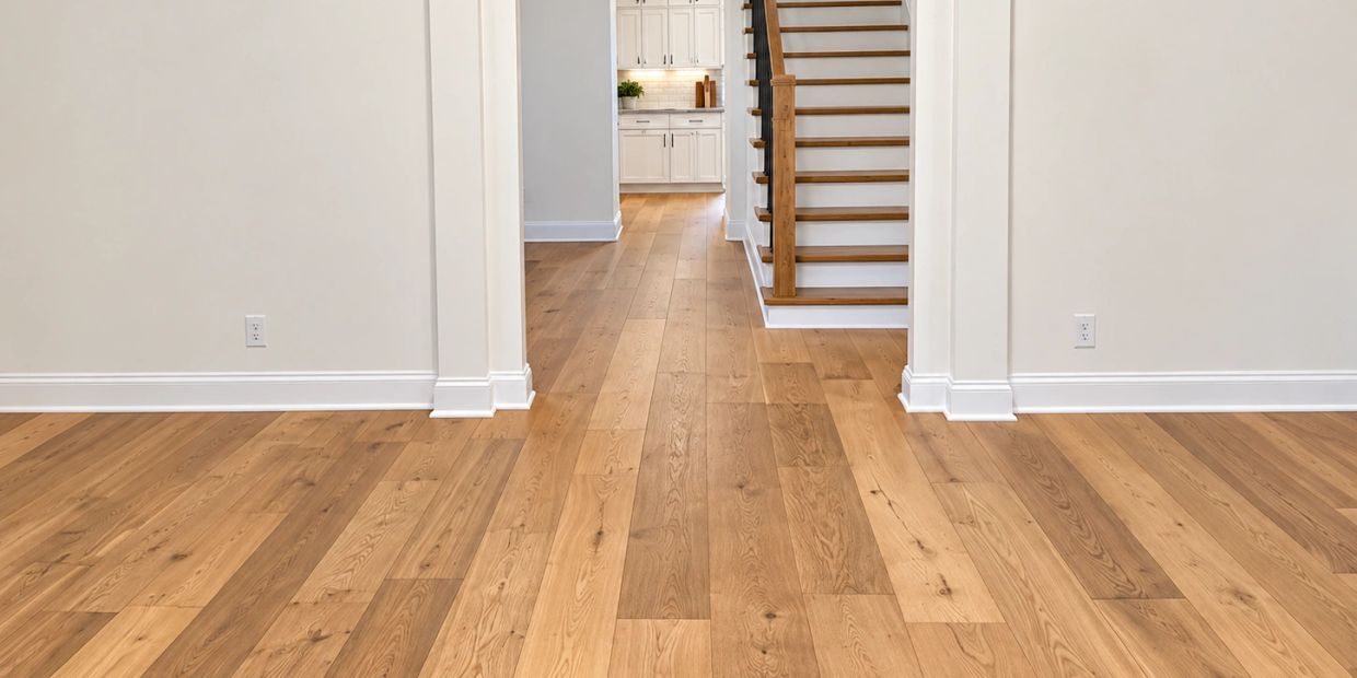 Empty room with wooden flooring and staircase.