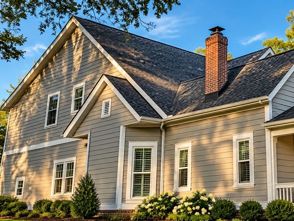 Modern house exterior with beige siding and a brick chimney.