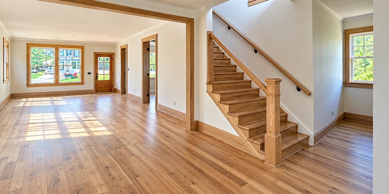 Bright empty room with wooden floors and stairs.