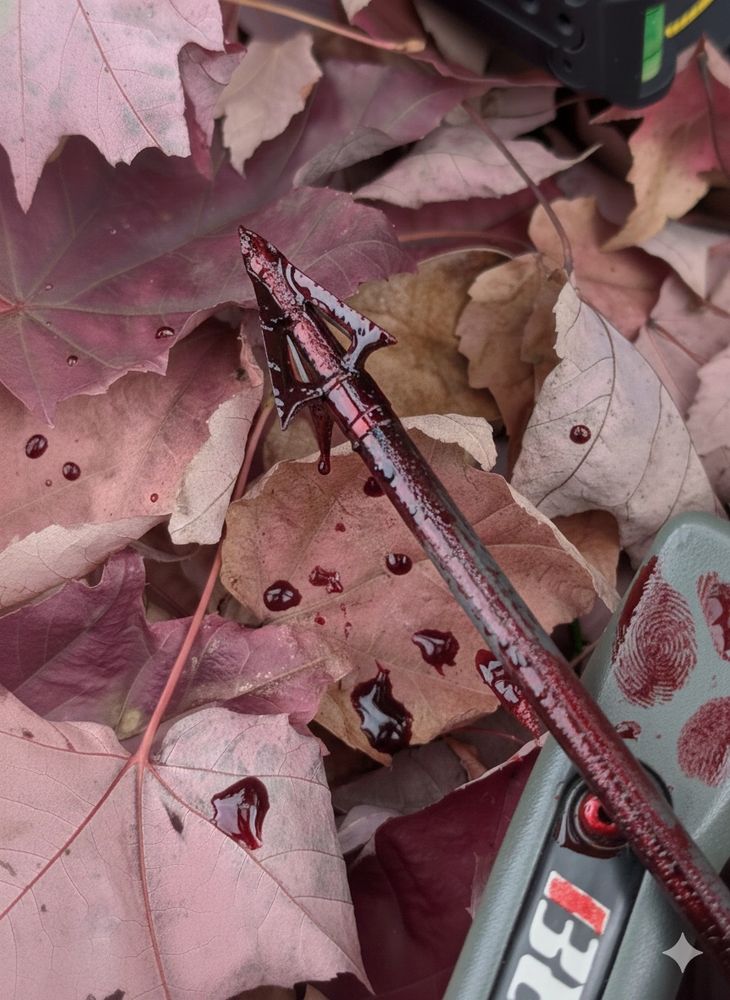 A bloodied arrowhead lies on autumn leaves.
